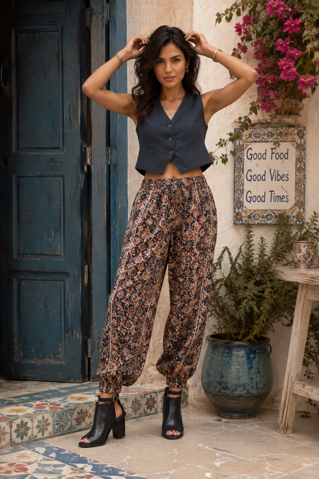 Blue Printed Tapered Dhoti Pants