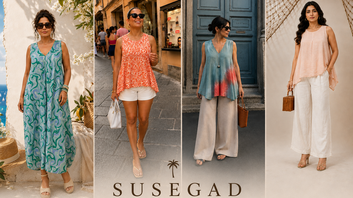 A four-panel fashion collage showcasing women's clothing from Susegad 'The Goa Edit'. The left panel shows a woman wearing a teal and green patterned sleeveless maxi dress.