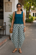 Teal Print Draped Harem Pants