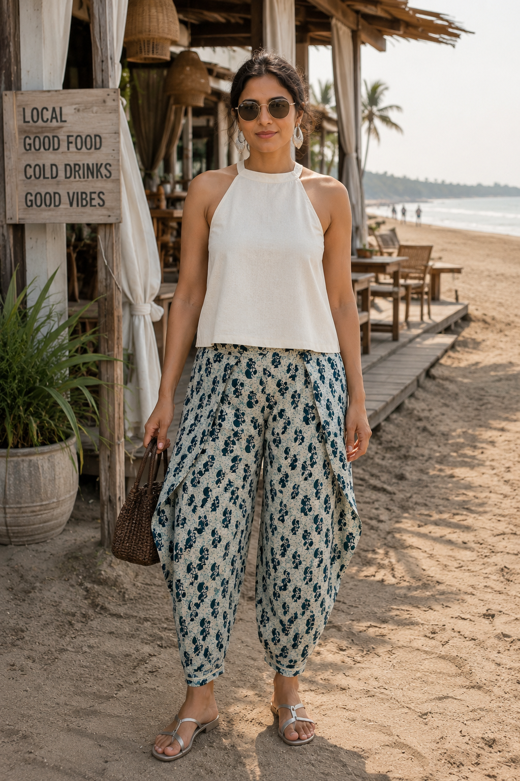 Teal Print Draped Harem Pants
